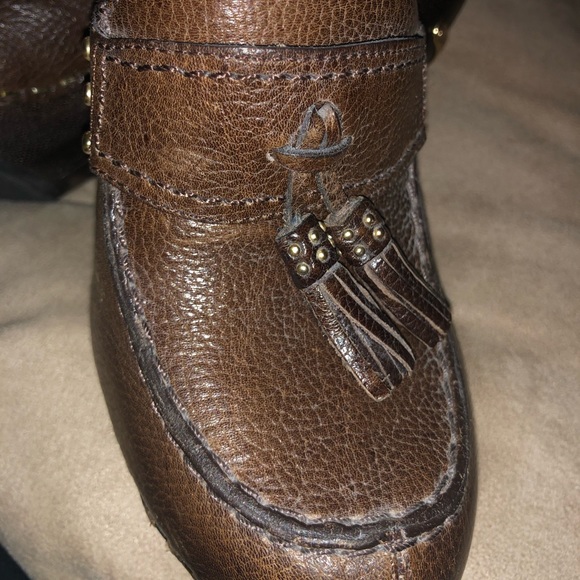 MK MICHAEL KORS Brown Pebble Leather Mules Clogs w/ Wooden Heel & Tassels Sz 6.5 - Picture 4 of 10